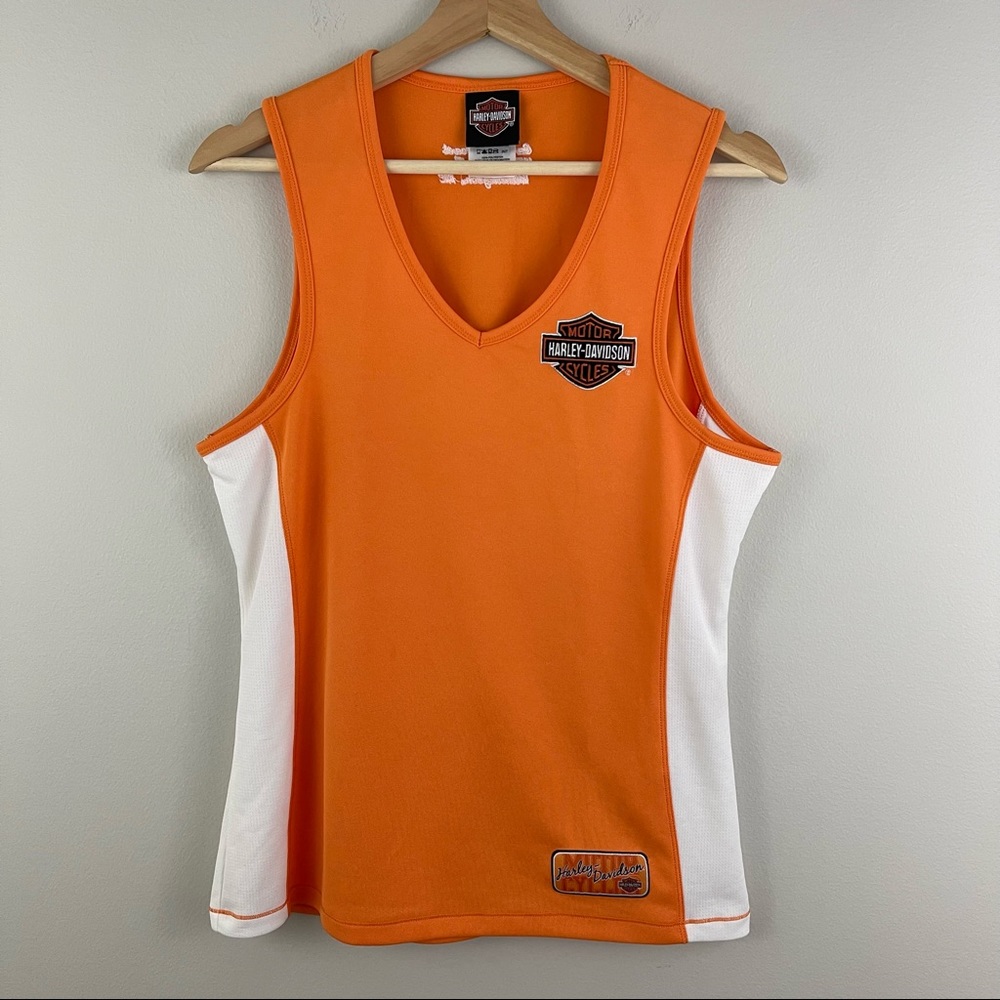 HARLEY-DAVIDSON Orange White V Neck Jersey Logo Emblem Tank Top